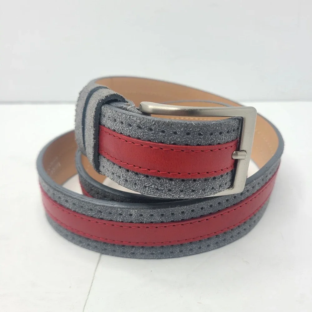 BORRELLI Napoli Men Leather Belt 46 115 Gray Red Dress Luxury Made In Italy